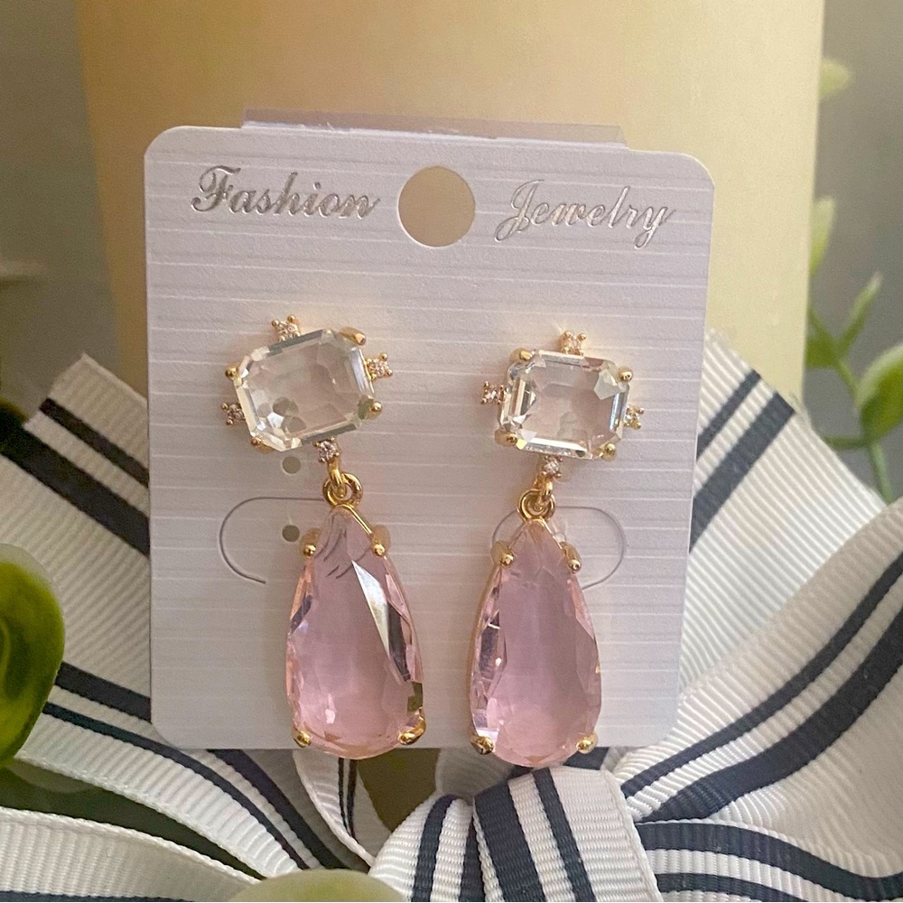 Pink Tear Drop Rhinestone Earrings